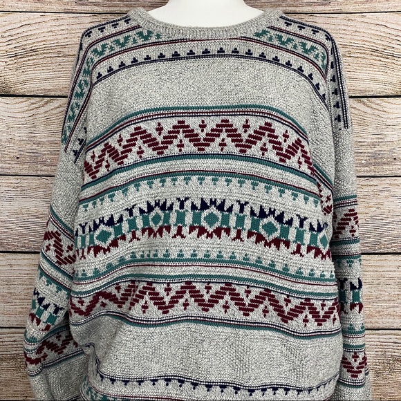 Vintage Jantzen Textured Gray & Teal Crew Neck Sweater - Picture 4 of 8